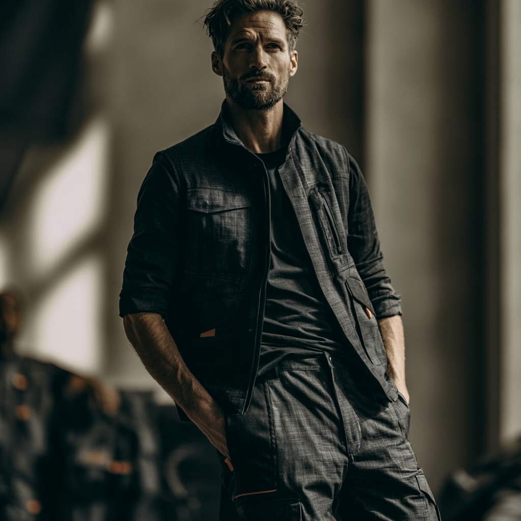 Workwear Outfit von Studio ARTVÉA als modernes Studio Editorial mit robuster Materialität, klarer Silhouette und funktionaler Teamwear.