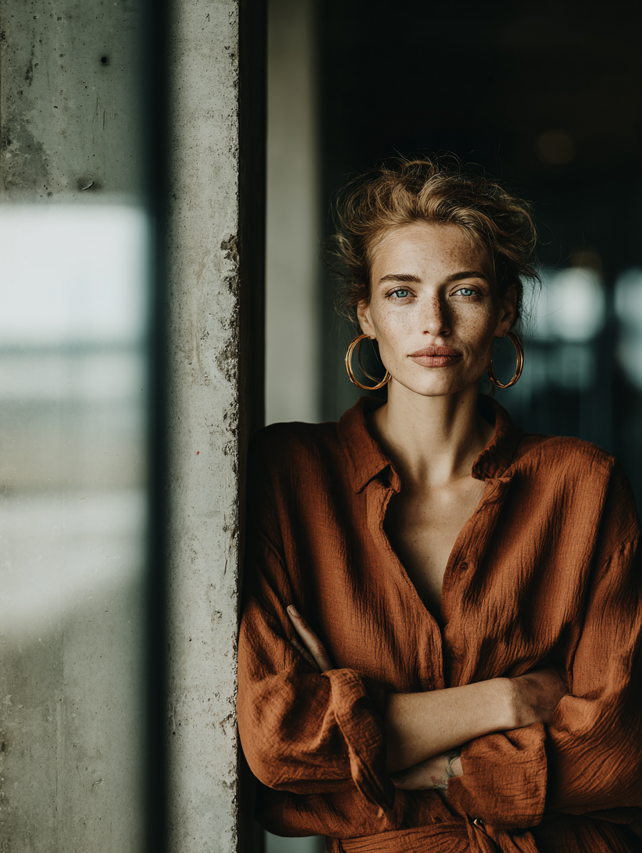 Frau in strukturierter Bluse – professionelle Corporate Fashion für Service und Verkauf