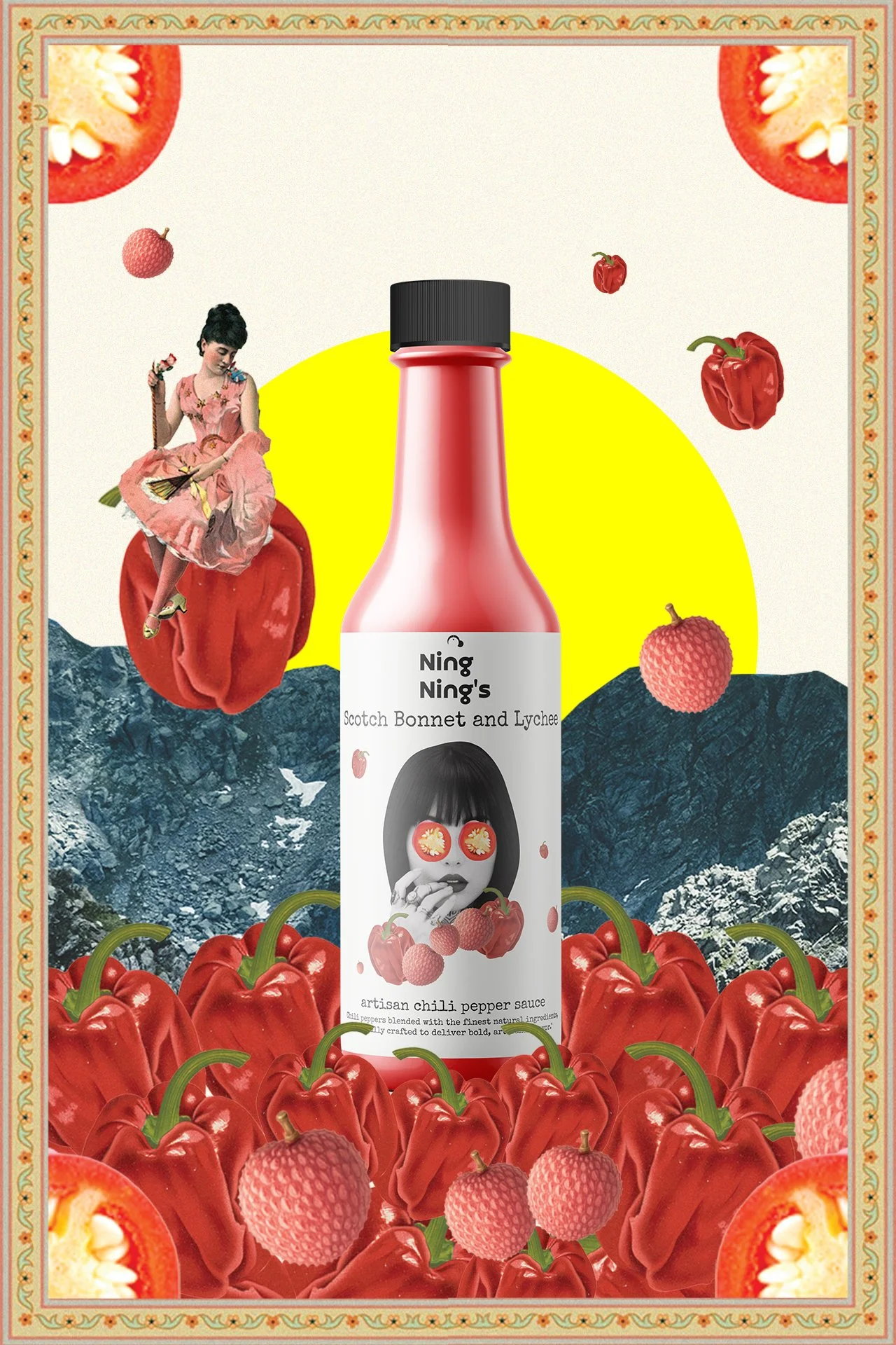 Artwork featuring a bottle of Ning Ning's Scotch Bonnet and Lychee artisan chili pepper sauce, surrounded by red bell peppers and lychee fruits, with mountains, a yellow sun, and floating berries and bell peppers in the background. A woman in vintage attire sits on a large chili pepper to the left.