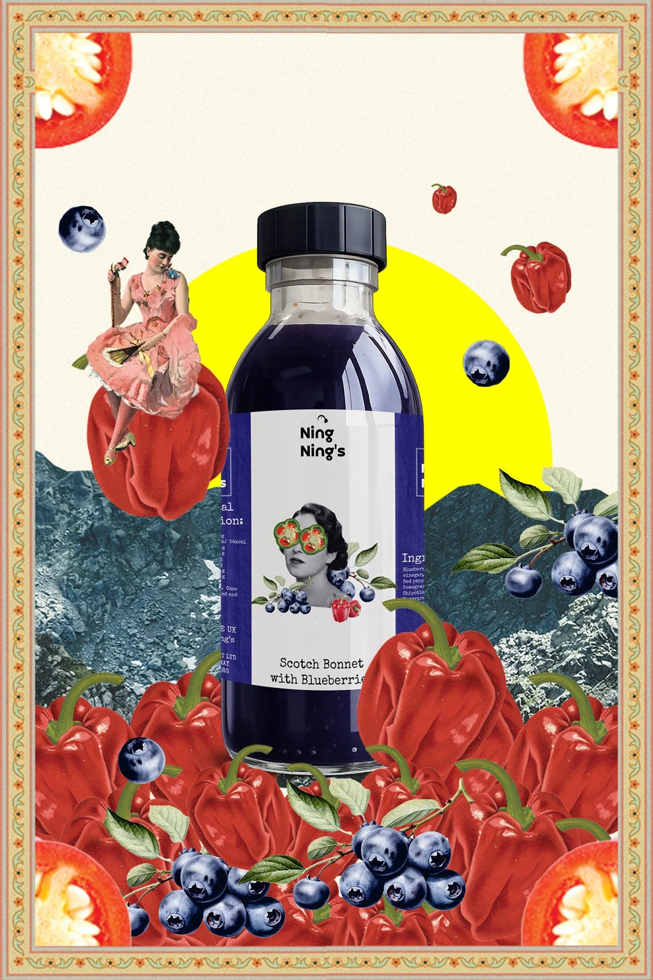 A colorful collage featuring a bottle of blueberry and red pepper beverage, surrounded by blueberries, red peppers, and sliced strawberries, with a woman in vintage clothing sitting on a red pepper, mountains in the background, and a decorative floral border.