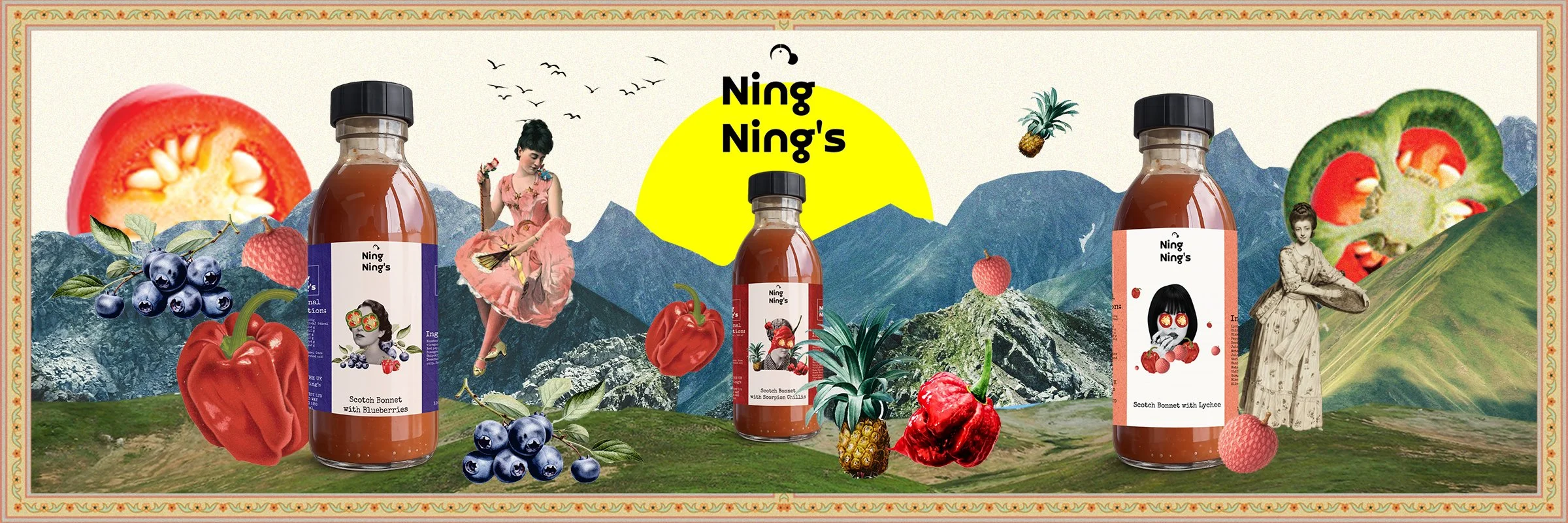 Colorful collage of fruit-flavored beverage bottles and fruit illustrations, with mountains, bright yellow sun with text "Ning Ning's," and vintage style women.