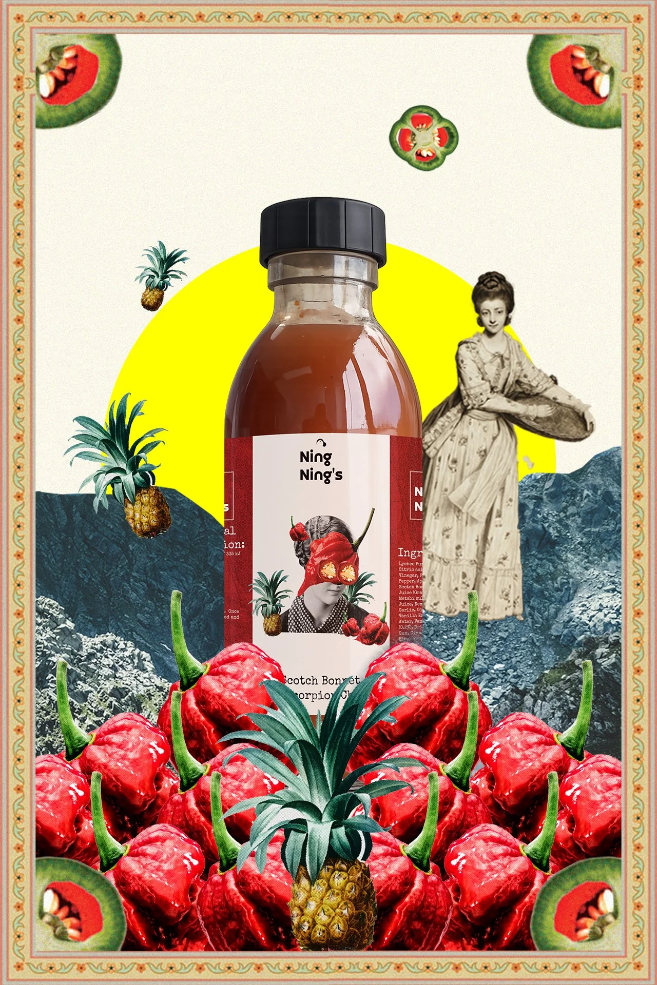 A collage featuring a bottle of spicy sauce labeled 'Ning Ning's,' surrounded by red hot peppers, pineapples, and chopped peppers, set against a mountainous landscape with a bright yellow sun and vintage border design.