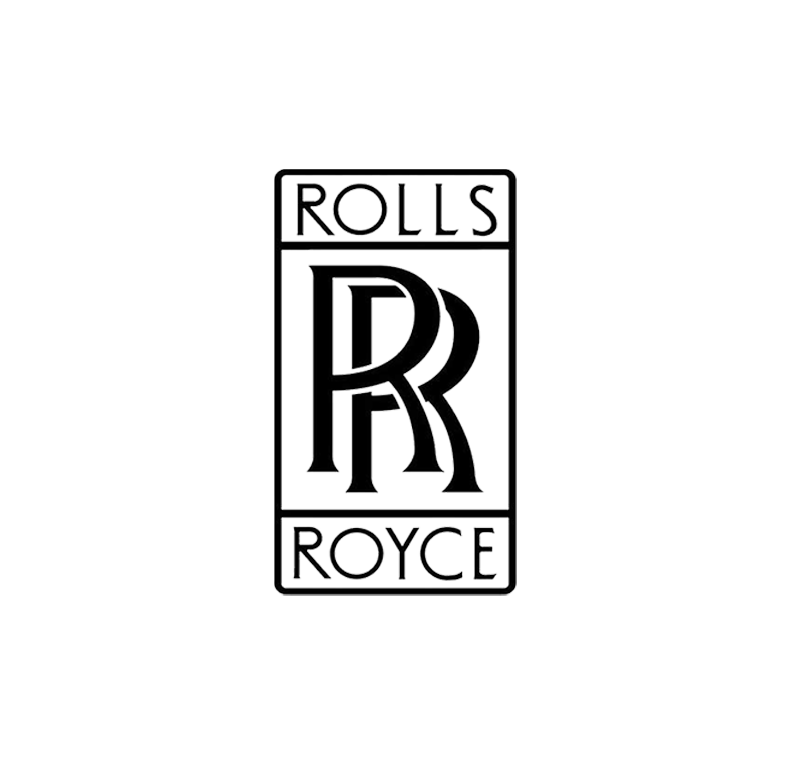 A black background featuring the illuminated Rolls-Royce logo with the words 'ROLLS' and 'ROYCE' above and below the intertwined 'RR' emblem.