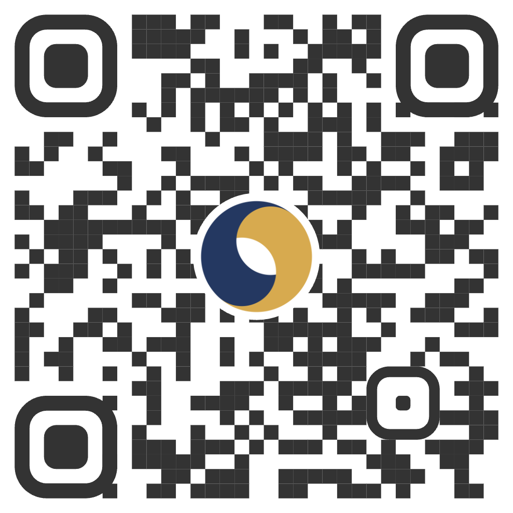 QR code with a logo featuring a stylized yin-yang symbol in navy blue and gold in the center.