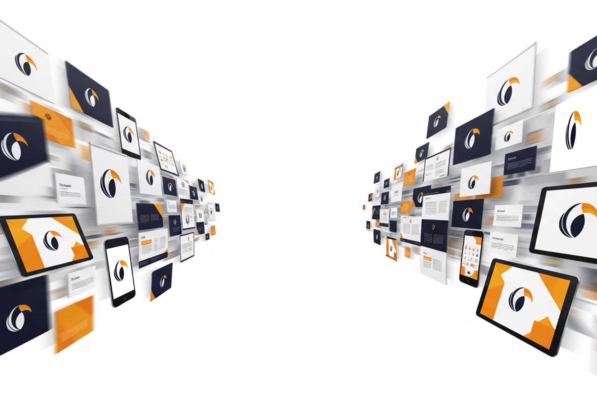 Digitale Geräte und Ausdrucke mit einem schwarzen, orangefarbenen und weißen Logo, die auf weißen Wänden angeordnet sind, in einer virtuellen Galerie.