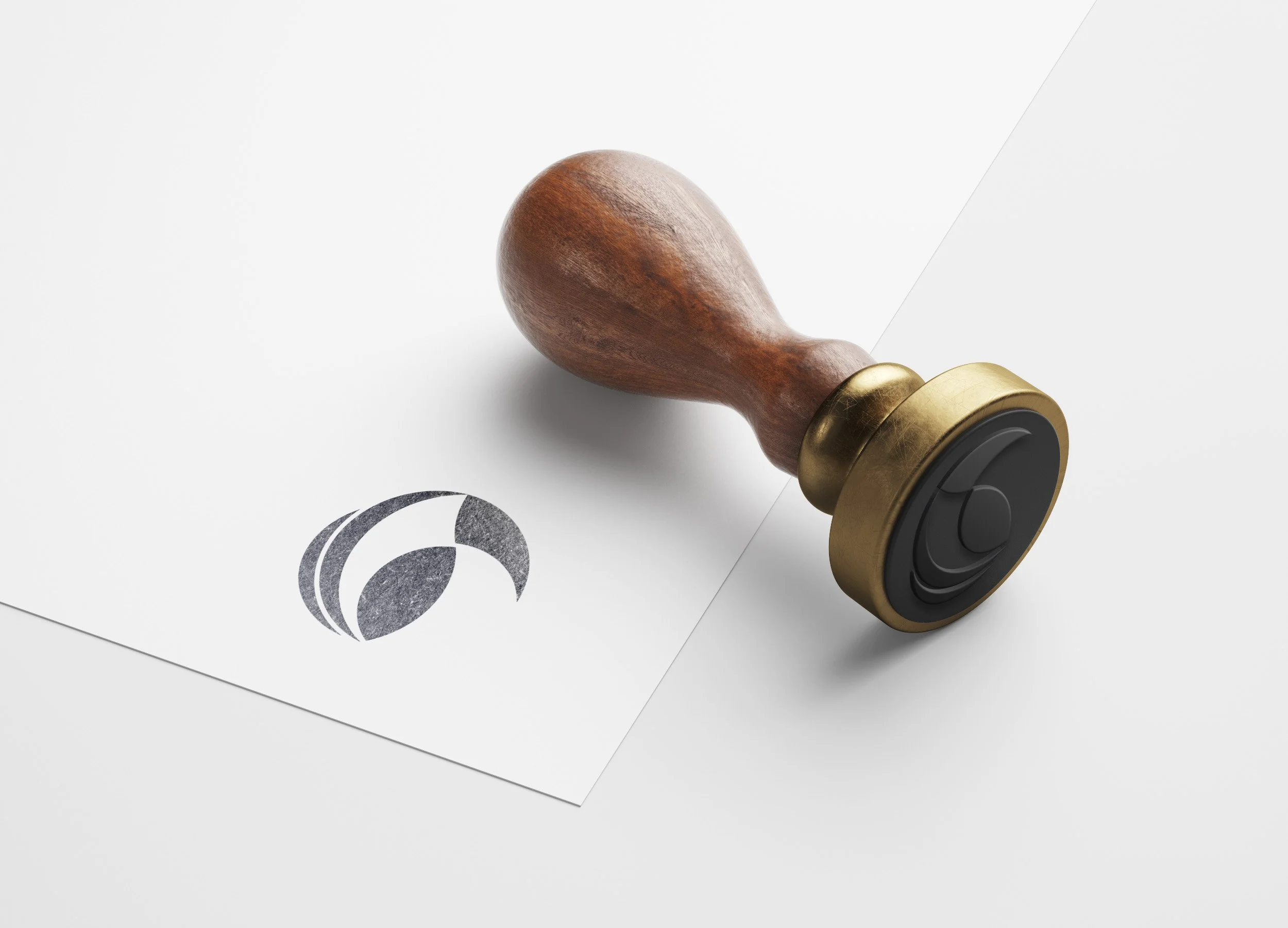 Stempel auf einem weißen Papier mit einem Logo, das aus schwarzen Teilkreisen besteht.