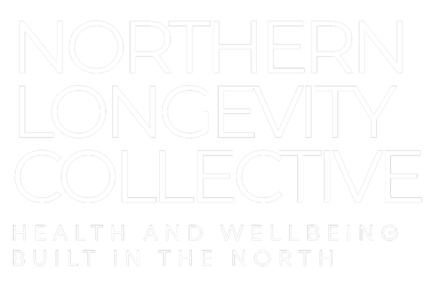 Northern Longevity Collective logo with the text "Health and Wellbeing built in the North" on a black background.