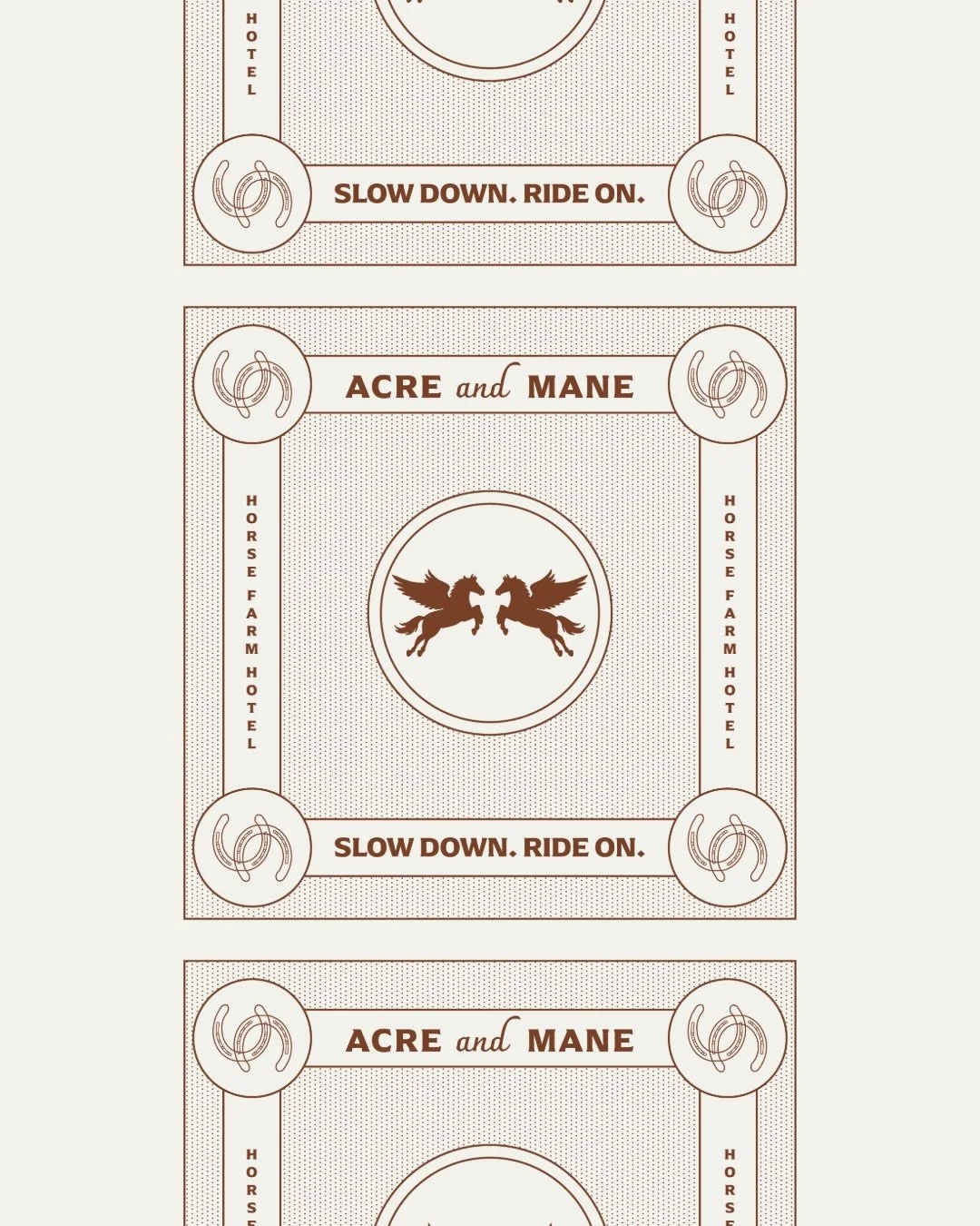 1/2 - Acre &amp; Mane a horse farm hotel where contemporary hospitality meets life on horseback. Brand identity concept including logo system, trail map, stable passport, room keys &amp; wayfinding signage. Slow down. Ride on.  Brief by @the.brief.bo