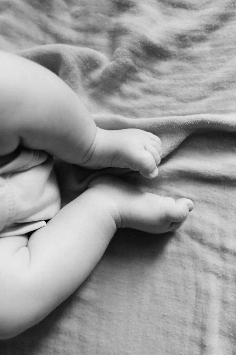 Close-up of two small baby hands holding onto an adult's finger
