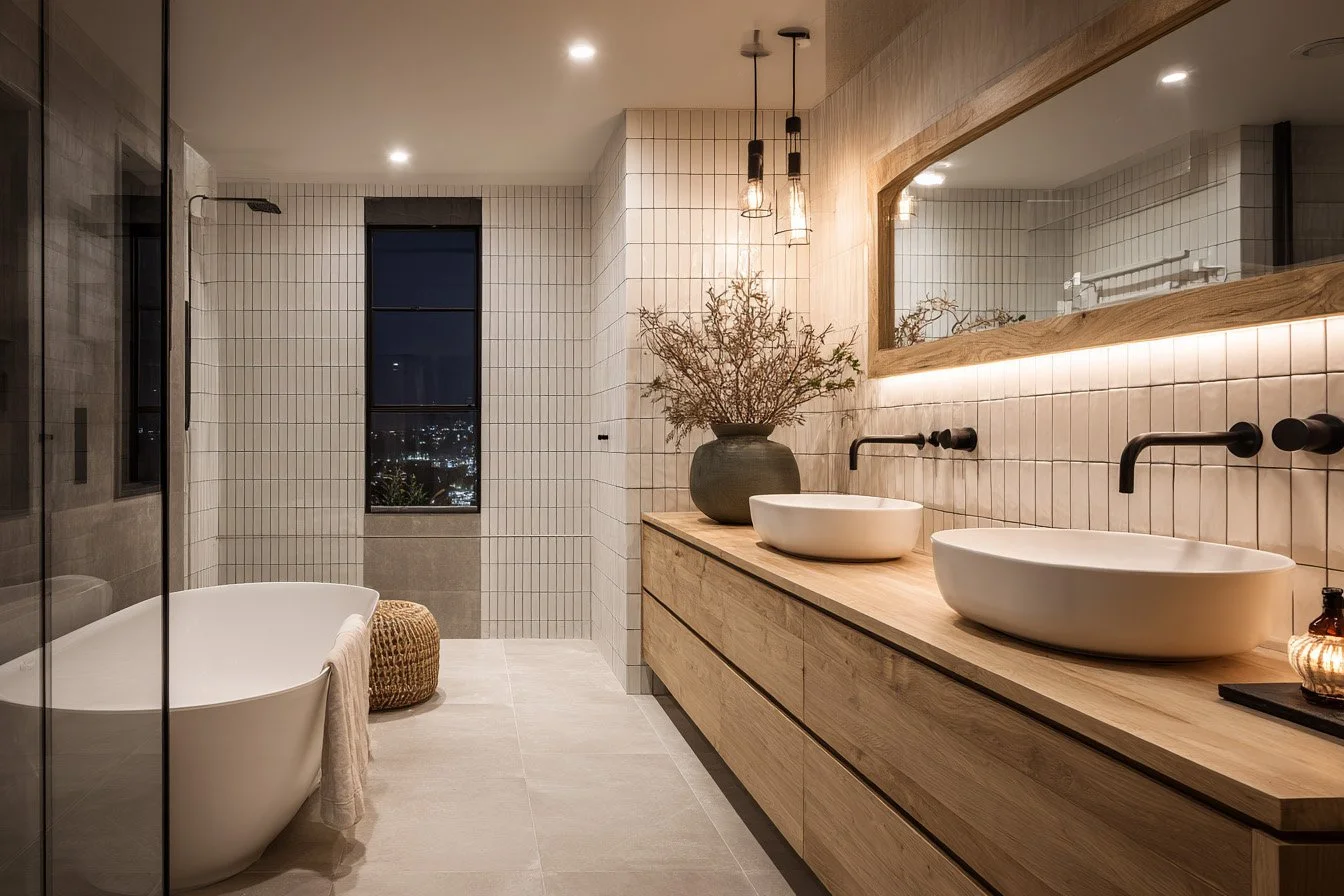 Modern bathroom with a free-standing bathtub, wooden vanity with two vessel sinks, large mirror, and decorative plant at night.
