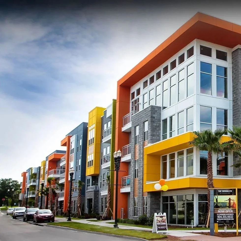The multi colored glass and textured Brooklyn building in Riverside.