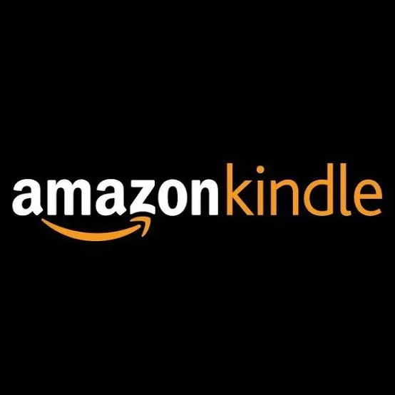 Amazon Kindle logo with black background, featuring the word 'amazon' in white and 'kindle' in orange with a curved arrow underneath.