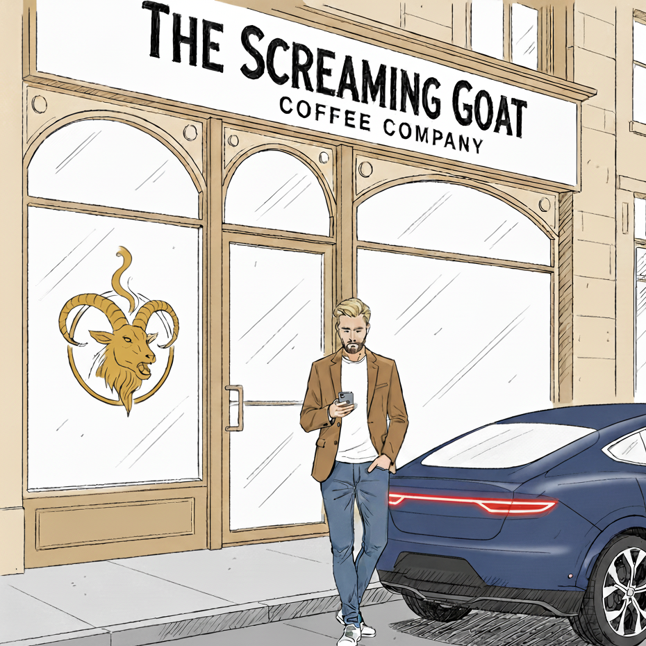 A drawing of Alan Harrison a tall, athletic man in his 40s with blond hair and a short trim beard, he is on his phoen outside the Screaming Goat Coffee Company