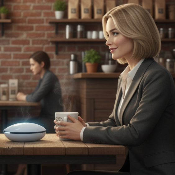 A young woman in her 30s sitting in a coffee shop with a cup of coffee at a table with Layla's polished rock like shape in front of her.