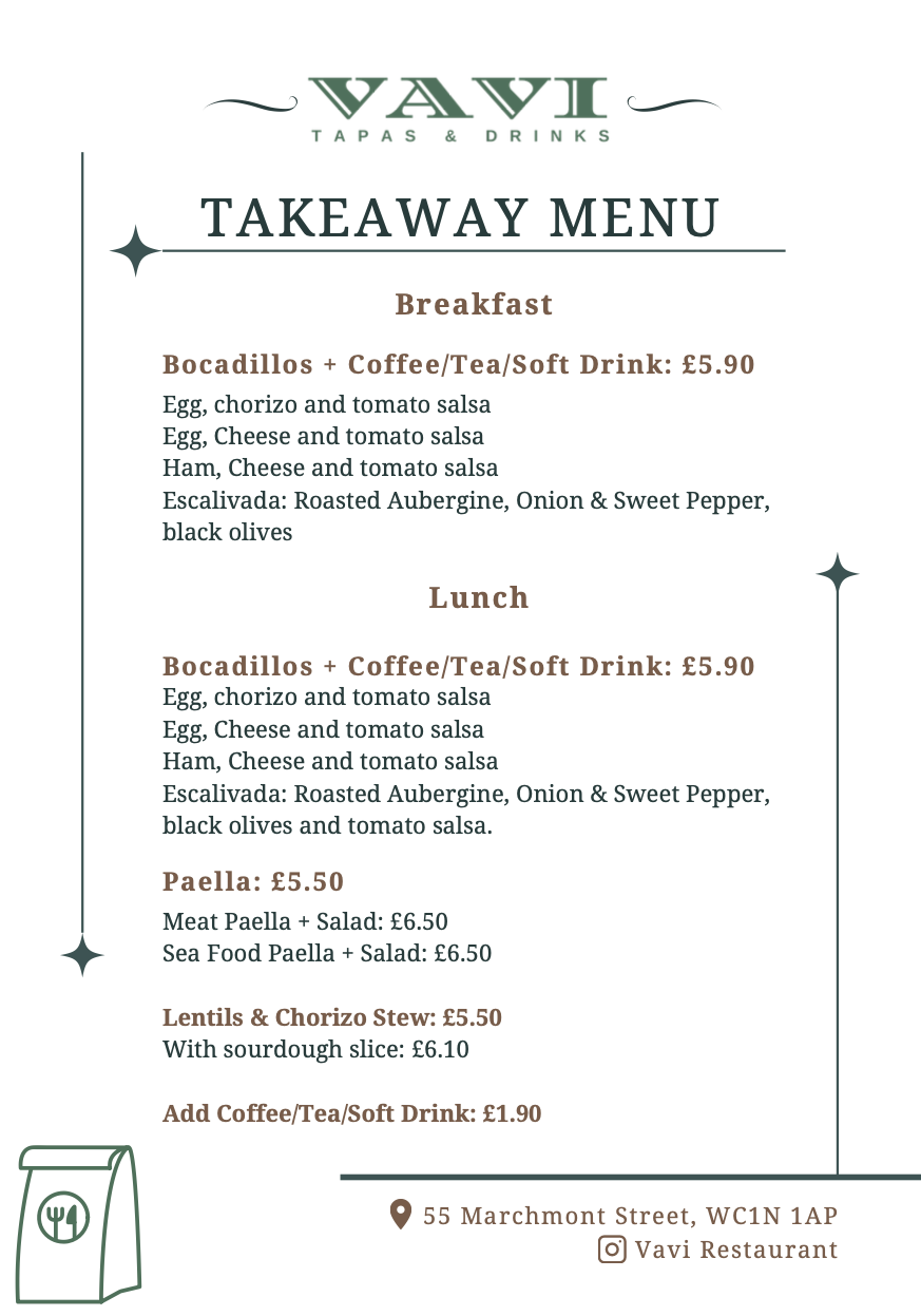 Vavi Tapas & Drinks takeaway menu featuring breakfast and lunch options, including bocadillos, paella, lentils and chorizo stew, with prices listed. Contact details and address are also shown.