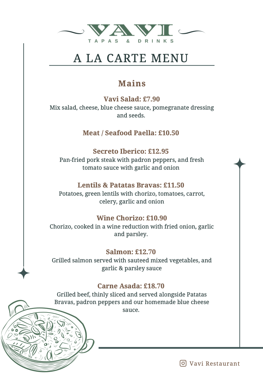 A Spanish tapas menu from Vavi Tapas & Drinks featuring various dishes with prices, including salads, paella, Iberico pork, lentils and potatoes, chorizo in wine, salmon, and beef.