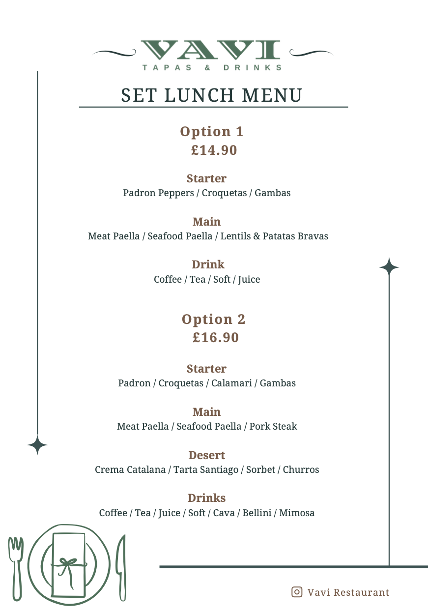VAVI Tapas & Drinks set lunch menu with options for £14.90 and £16.90. The menu includes starters, main courses, desserts, and drinks, with various Spanish dishes like padron peppers, seafood paella, and churros. The menu features decorative lines and icons of a fork, knife, and a wrapped gift, along with the restaurant’s Instagram handle.