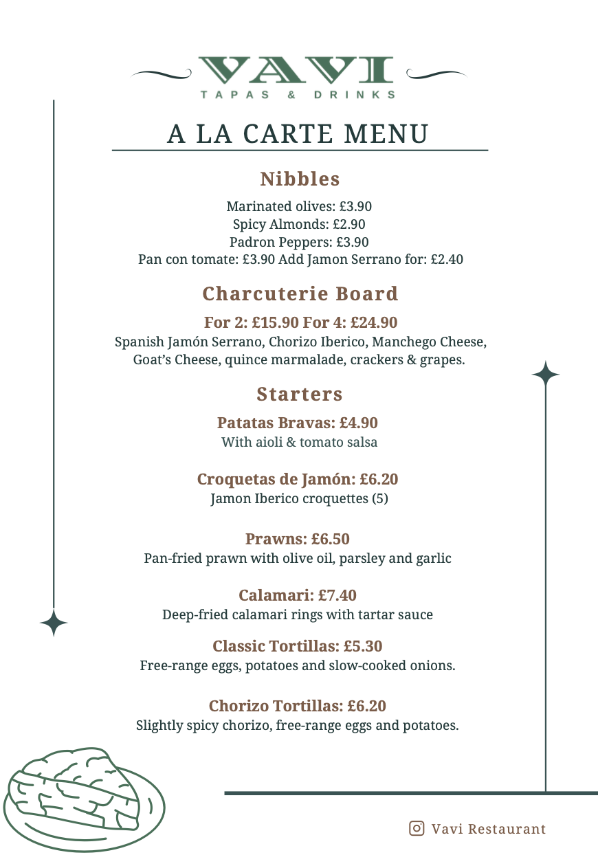 A restaurant menu titled 'Vavi Tapas & Drinks' featuring a selection of Spanish dishes including nibbles, charcuterie, starters, and various tapas dishes with prices listed.