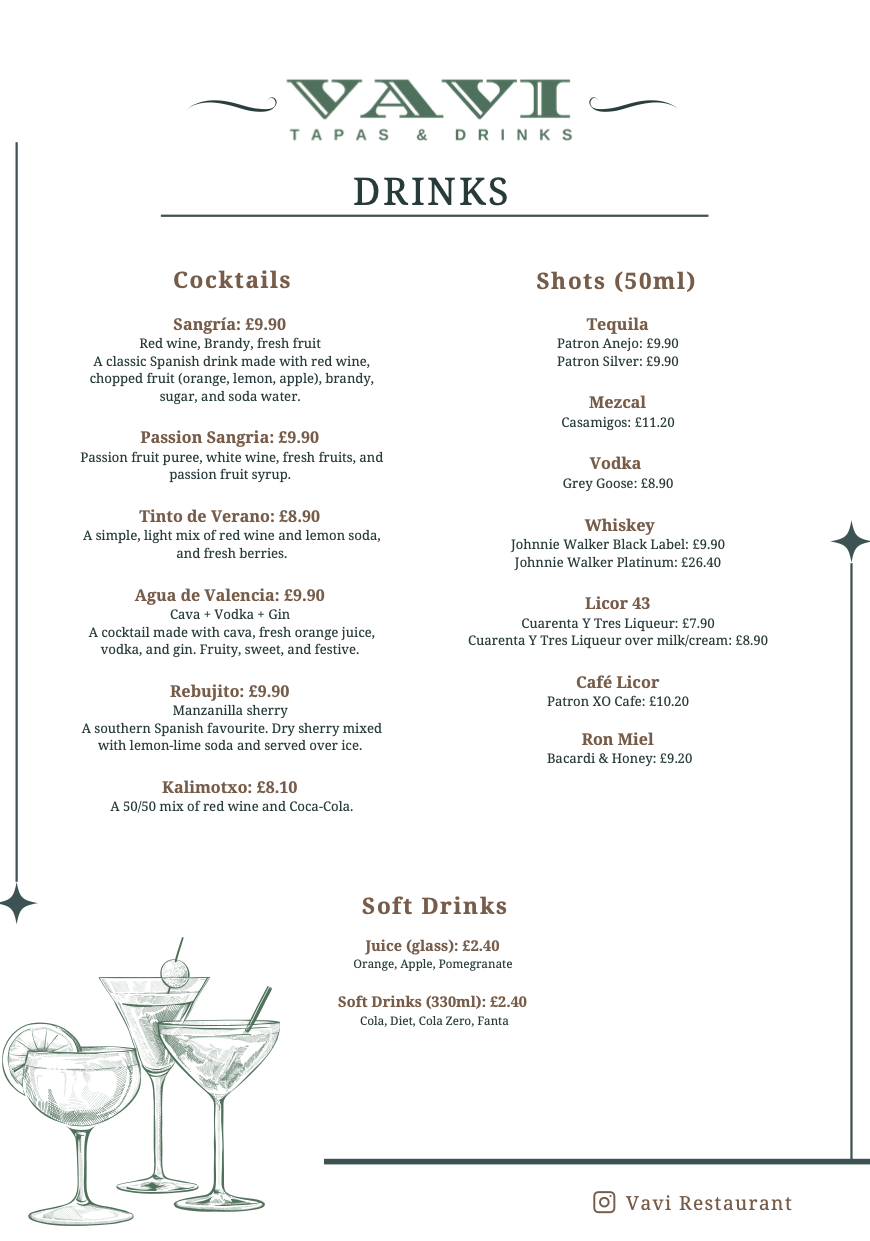 Menu from Vavi Tapas & Drinks listing various cocktails, shots, soft drinks, and alcohol beverages with their prices and descriptions, and includes illustrations of three cocktail glasses.