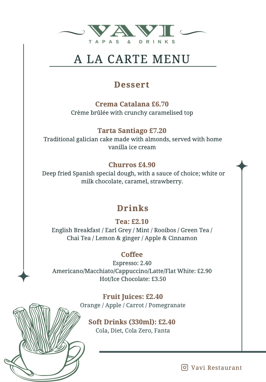 Menu from Vavi Tapas & Drinks featuring desserts and drinks, including creme catalana, Tarta Santiago, churros, various teas, coffees, juices, and soft drinks, with a small illustration of a cup of churros at the bottom.