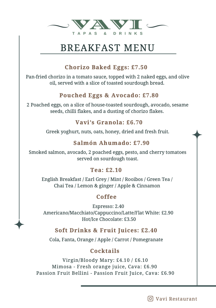 Breakfast menu from Vavi Tapas & Drinks featuring items like Chorizo Baked Eggs, Poached Eggs & Avocado, Vavi's Granola, Salmon Ahumado, various teas, coffee, soft drinks, and cocktails.