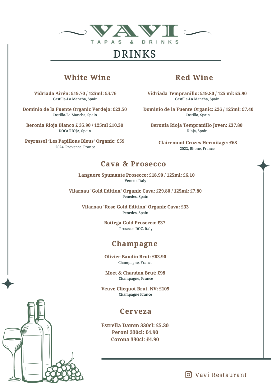 Restaurant menu featuring wine, cava, champagne, and beer options with prices and origins, with illustrations of wine bottles, glasses, and grapes at the bottom.