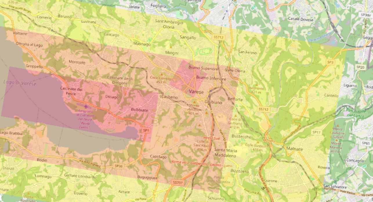Mappa di Varese  su d-flight per evidenziare le aere di volo , Rilievo con drone dji matrice 400 rtk con L2 ispezioni industriali termografia Varese