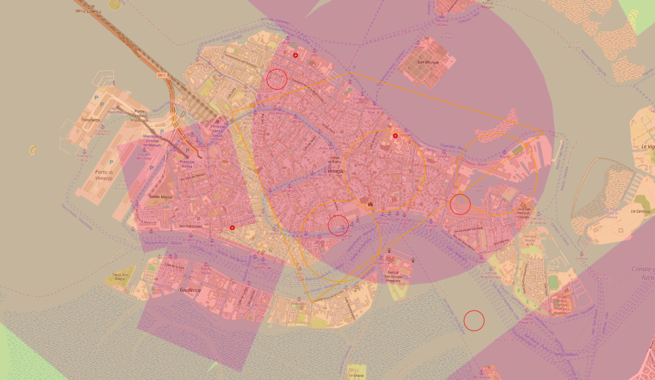 Mappa di venezia su d-flight per evidenziare le aere di volo , Rilievo con drone dji matrice 400 rtk con L2 ispezioni industriali termografia Venezia