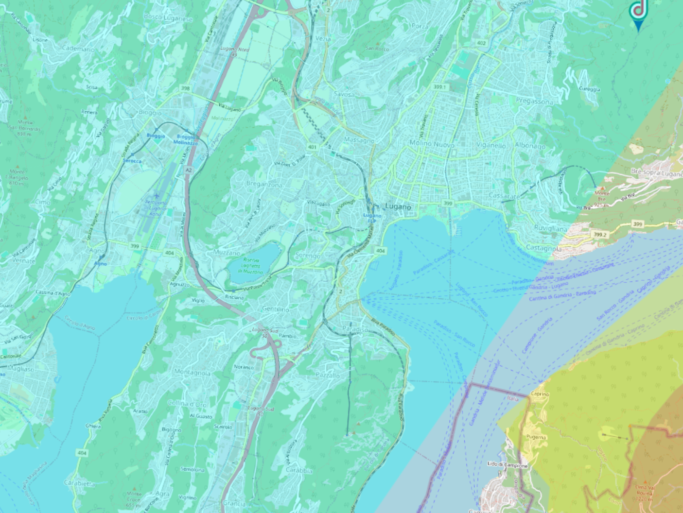 Mappa di Lugano su d-flight per evidenziare le aere di volo , Rilievo con drone dji matrice 400 rtk con L2 ispezioni industriali termografia Lugano