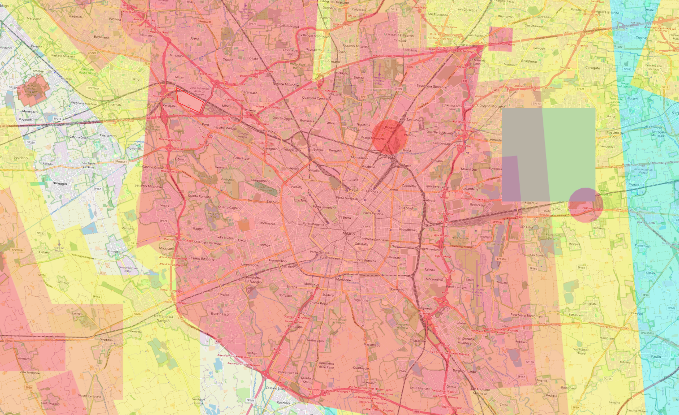 Mappa di Milano su d-flight per evidenziare le aere di volo , Rilievo con drone dji matrice 400 rtk con L2 ispezioni industriali termografia Milano