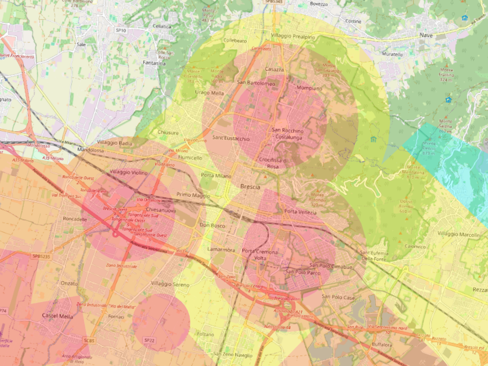 Mappa di Brescia  su d-flight per evidenziare le aere di volo , Rilievo con drone dji matrice 400 rtk con L2 ispezioni industriali termografia Brescia