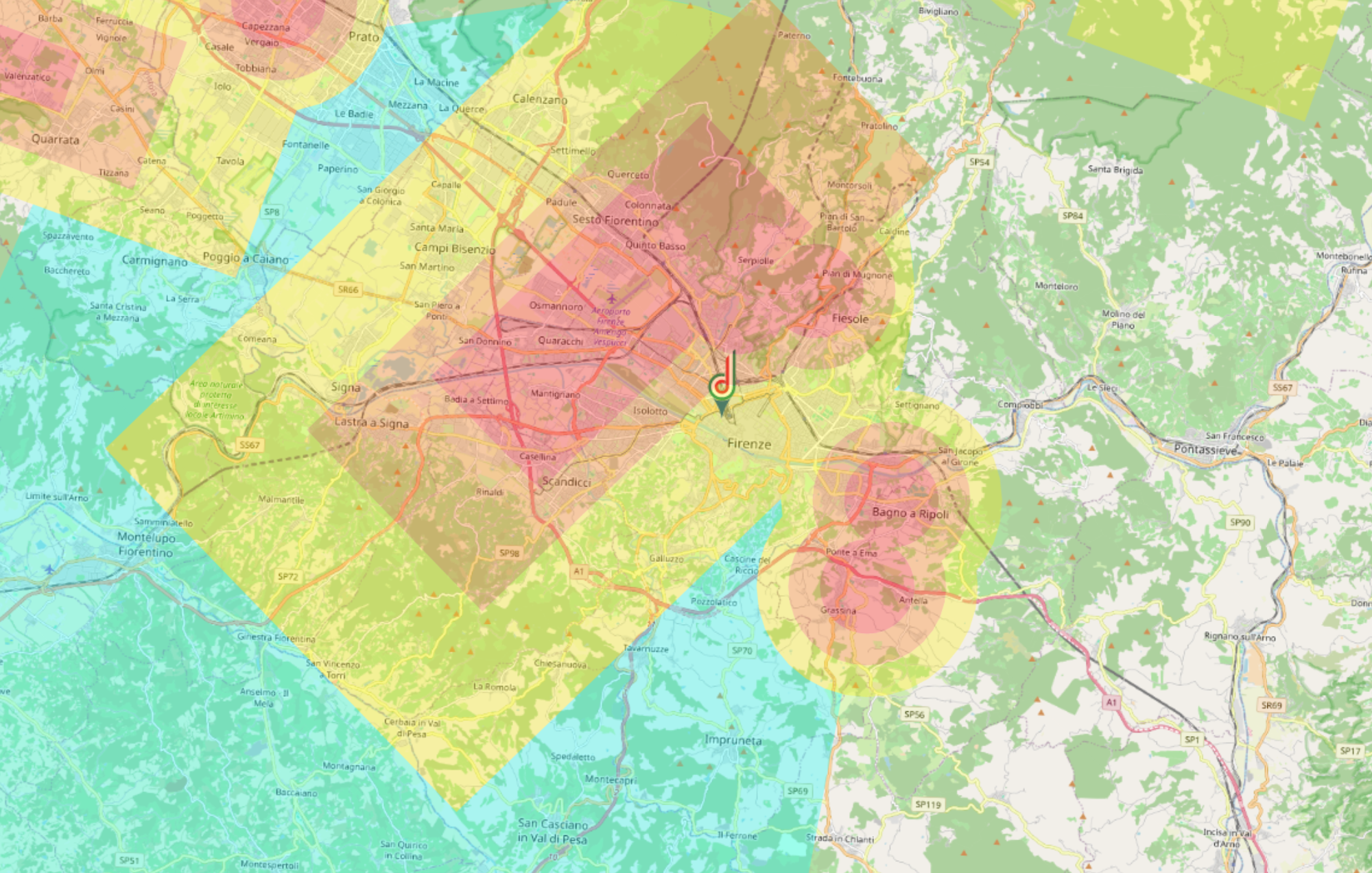 Mappa di Firenze  su d-flight per evidenziare le aere di volo , Rilievo con drone dji matrice 400 rtk con L2 ispezioni industriali termografia Firenze
