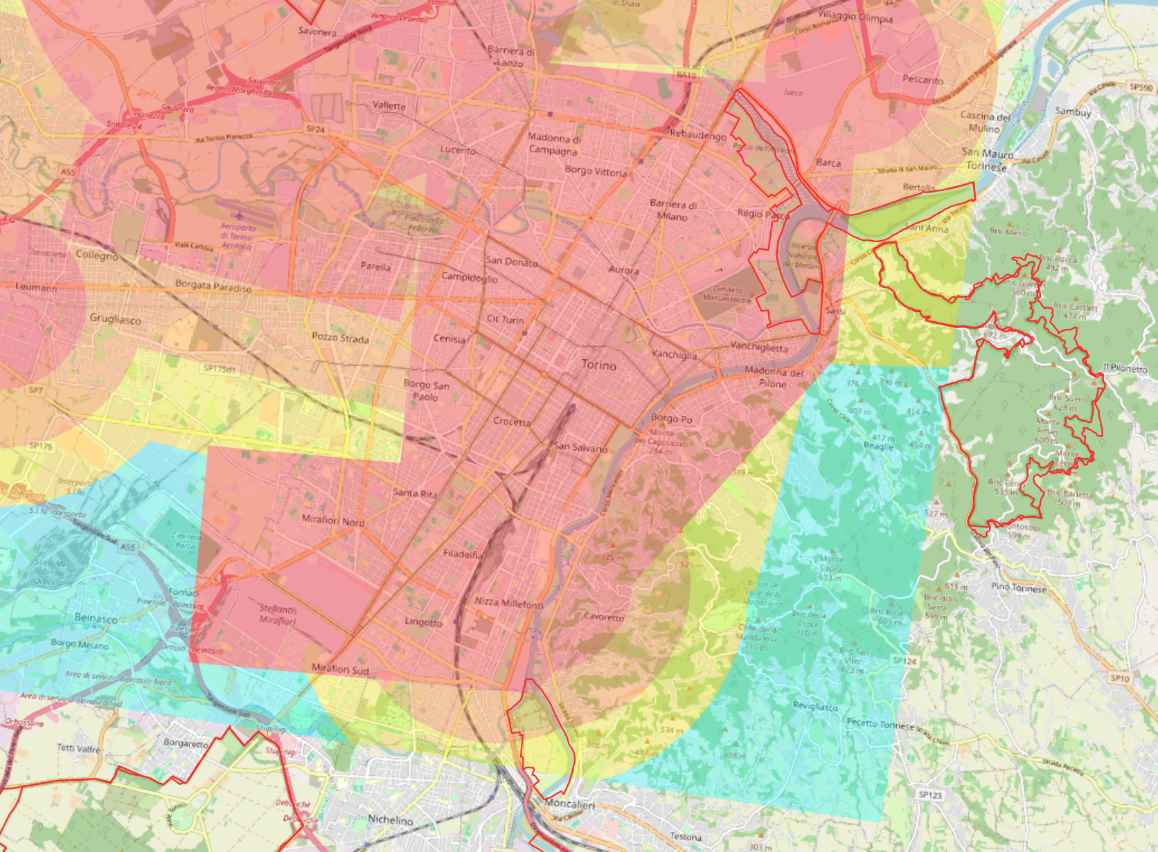 Mappa di Torino su d-flight per evidenziare le aere di volo , Rilievo con drone dji matrice 400 rtk con L2 ispezioni industriali termografia Torino