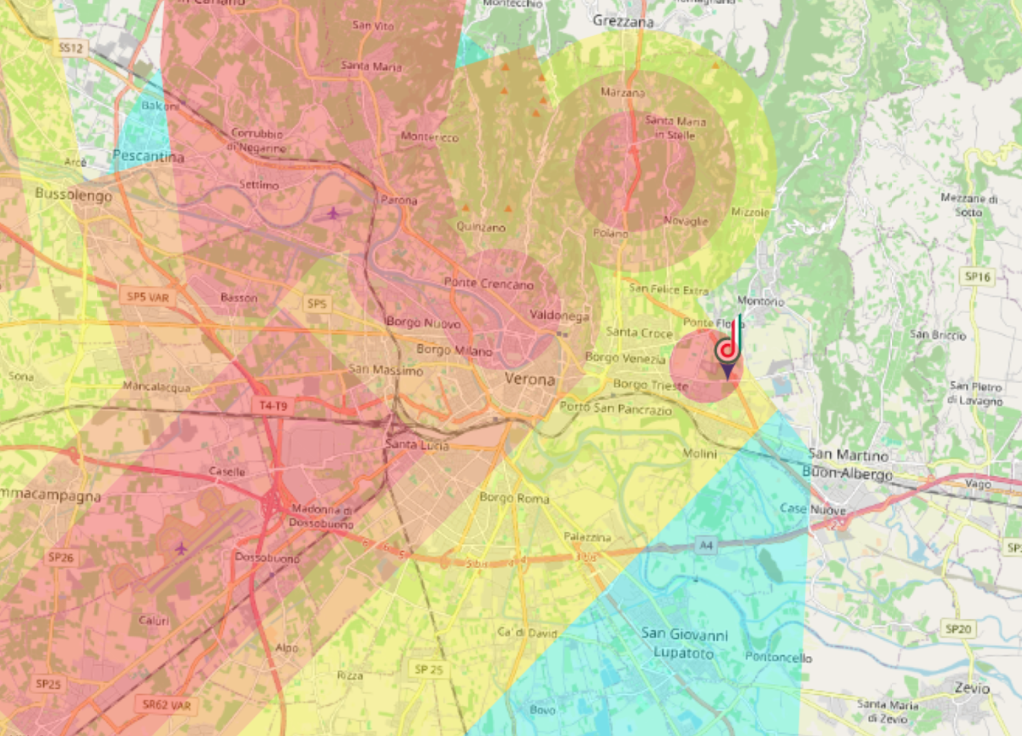 Mappa di Verona  su d-flight per evidenziare le aere di volo , Rilievo con drone dji matrice 400 rtk con L2 ispezioni industriali termografia Verona