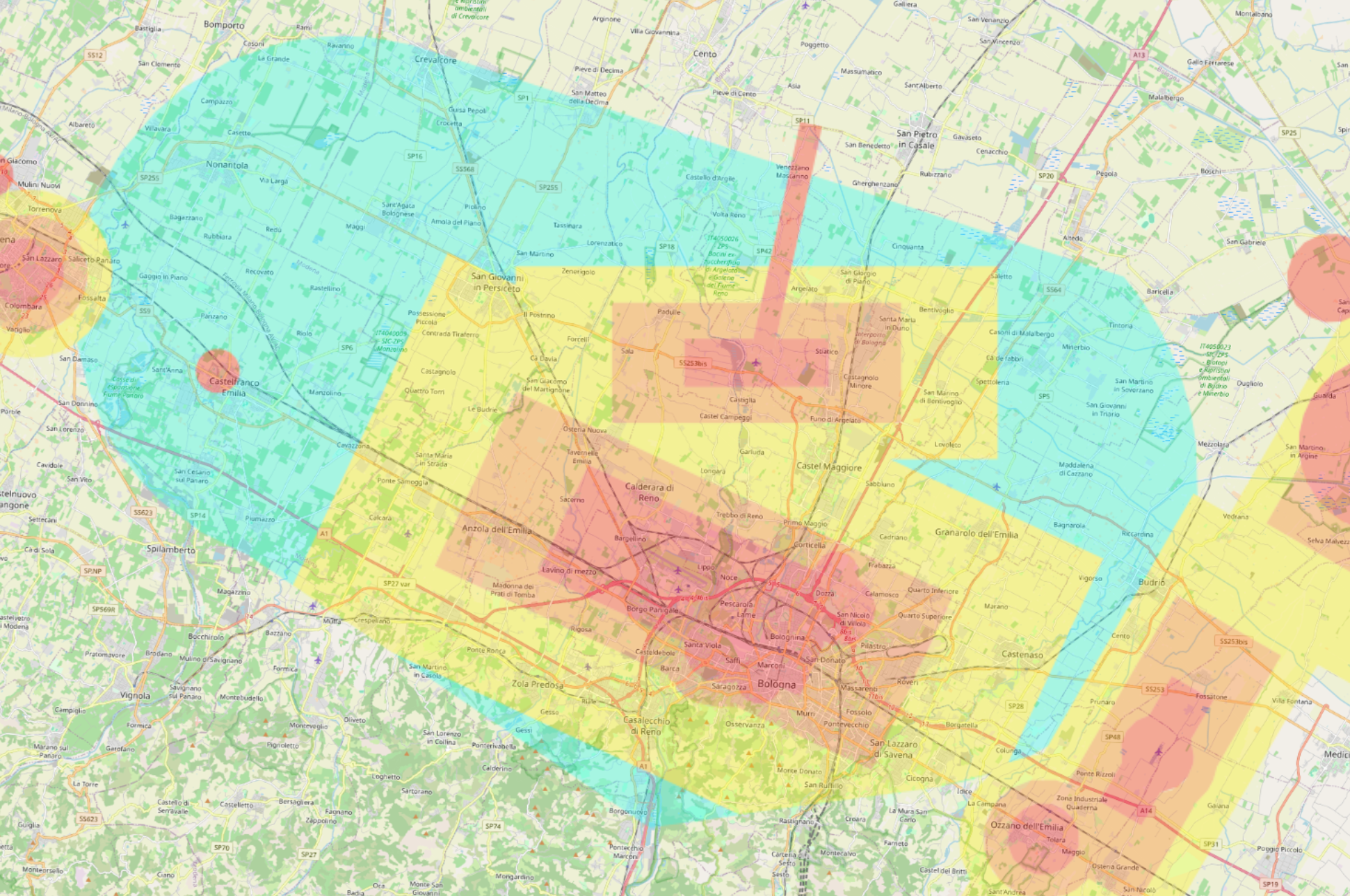Mappa di Bologna  su d-flight per evidenziare le aere di volo , Rilievo con drone dji matrice 400 rtk con L2 ispezioni industriali termografia Bologna
