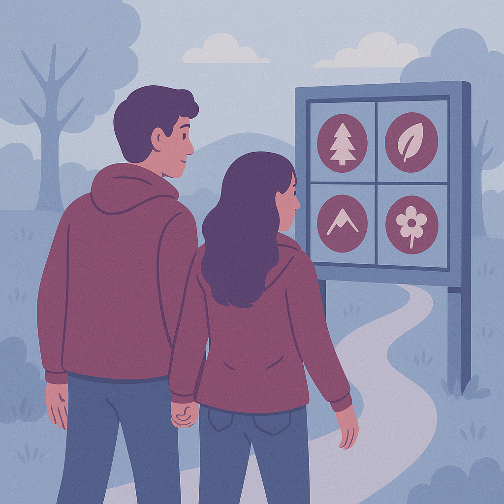 A couple holding hands and looking at a four-panel sign with symbols of a tree, leaf, mountain, and flower in an outdoor park setting with trees and a winding path.