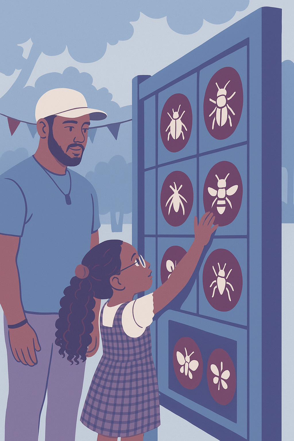 A young girl with glasses touching images of insects on a display board, with a man observing her, outdoors under cloudy skies.