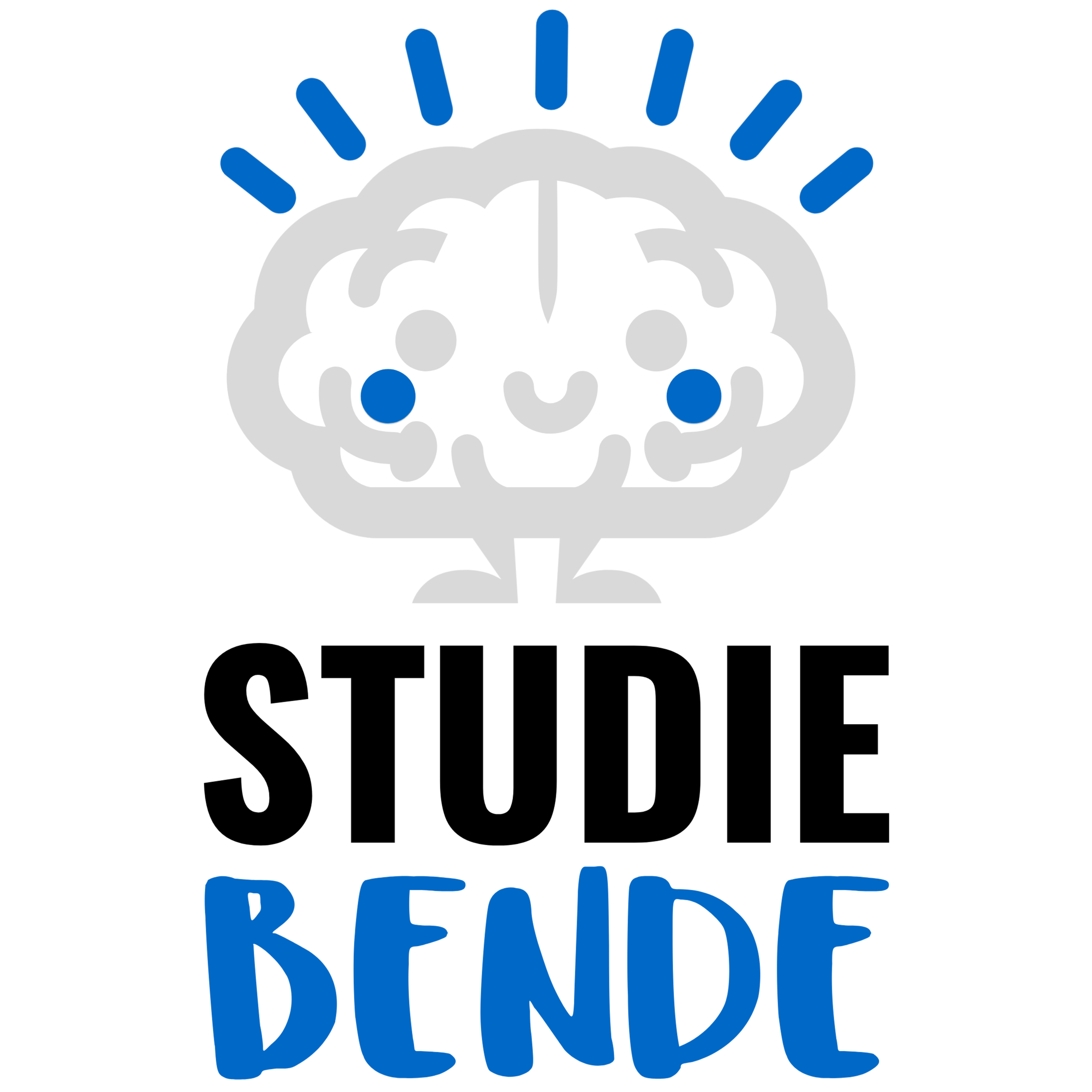 Een cartoonillustratie van een lachende hersenfiguur met een gezicht, blauwe ogen en blauwe strepen boven het hoofd, met de tekst 'Hersenbende' eronder.