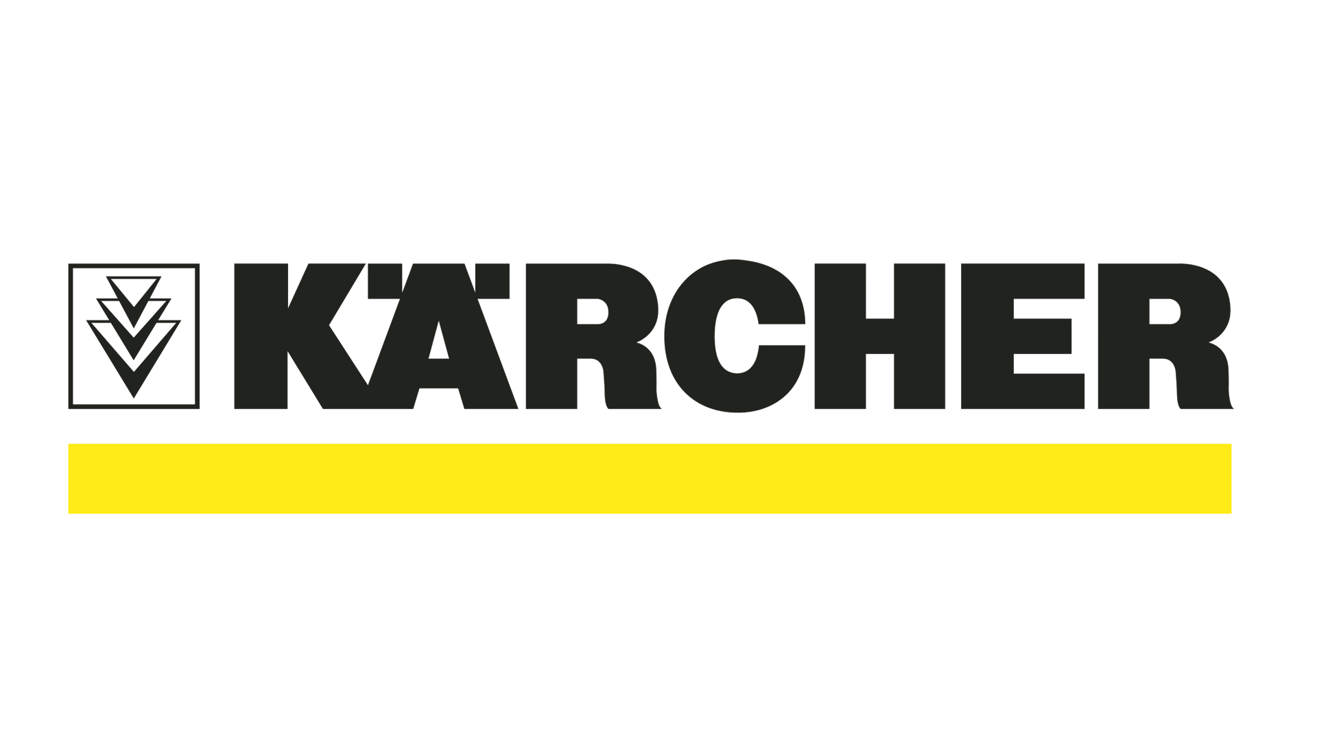 Logo van Kärcher met zwarte achtergrond, zwart gekleurde tekst en een gele streep onder de tekst.