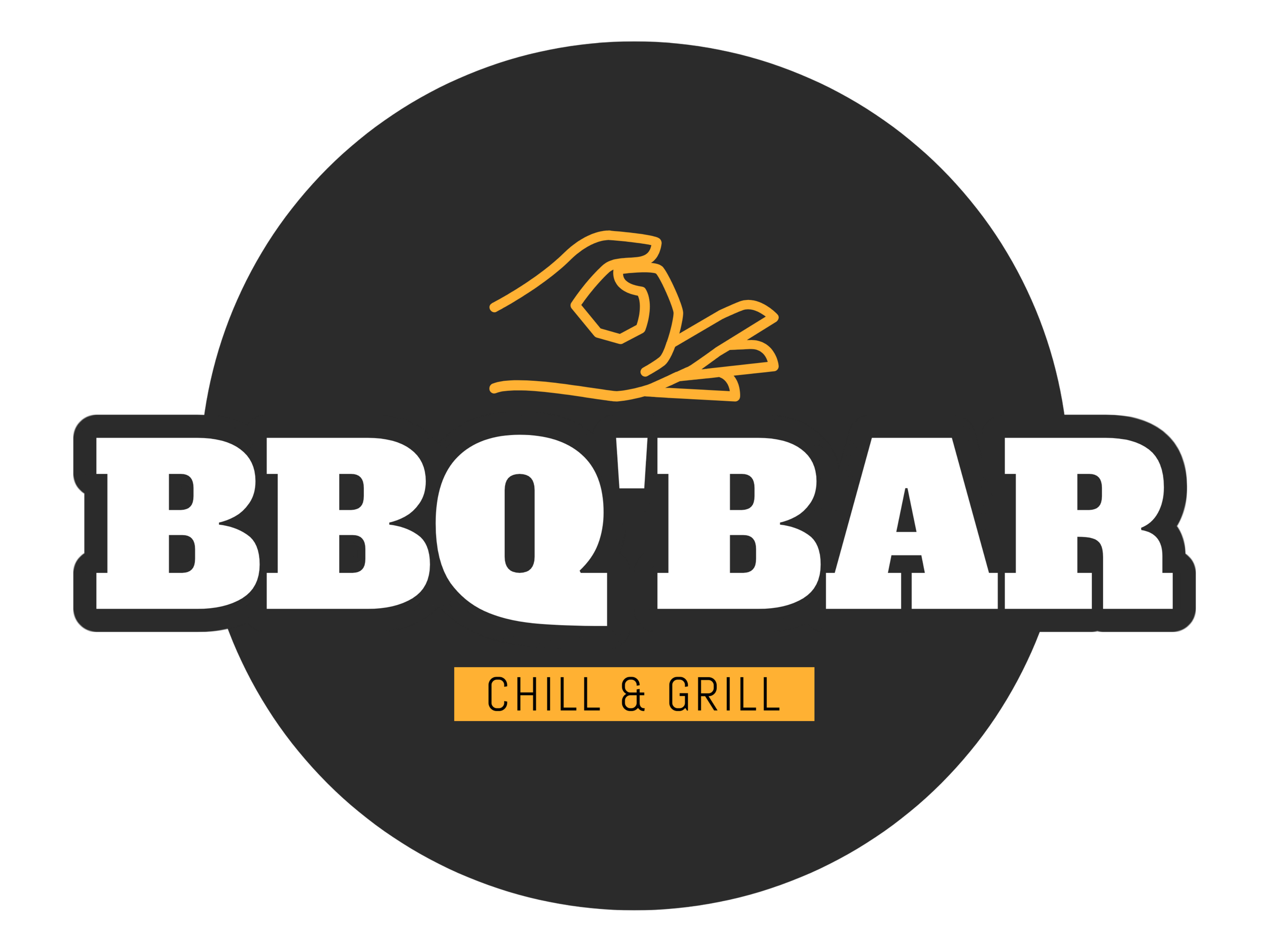 Logo van BBQ Bar met een hand die een stukje vlees vasthoudt, tekst 'BBQ Bar' in groot wit lettertype en onderaan een oranje banner met 'Chill & Grill'.
