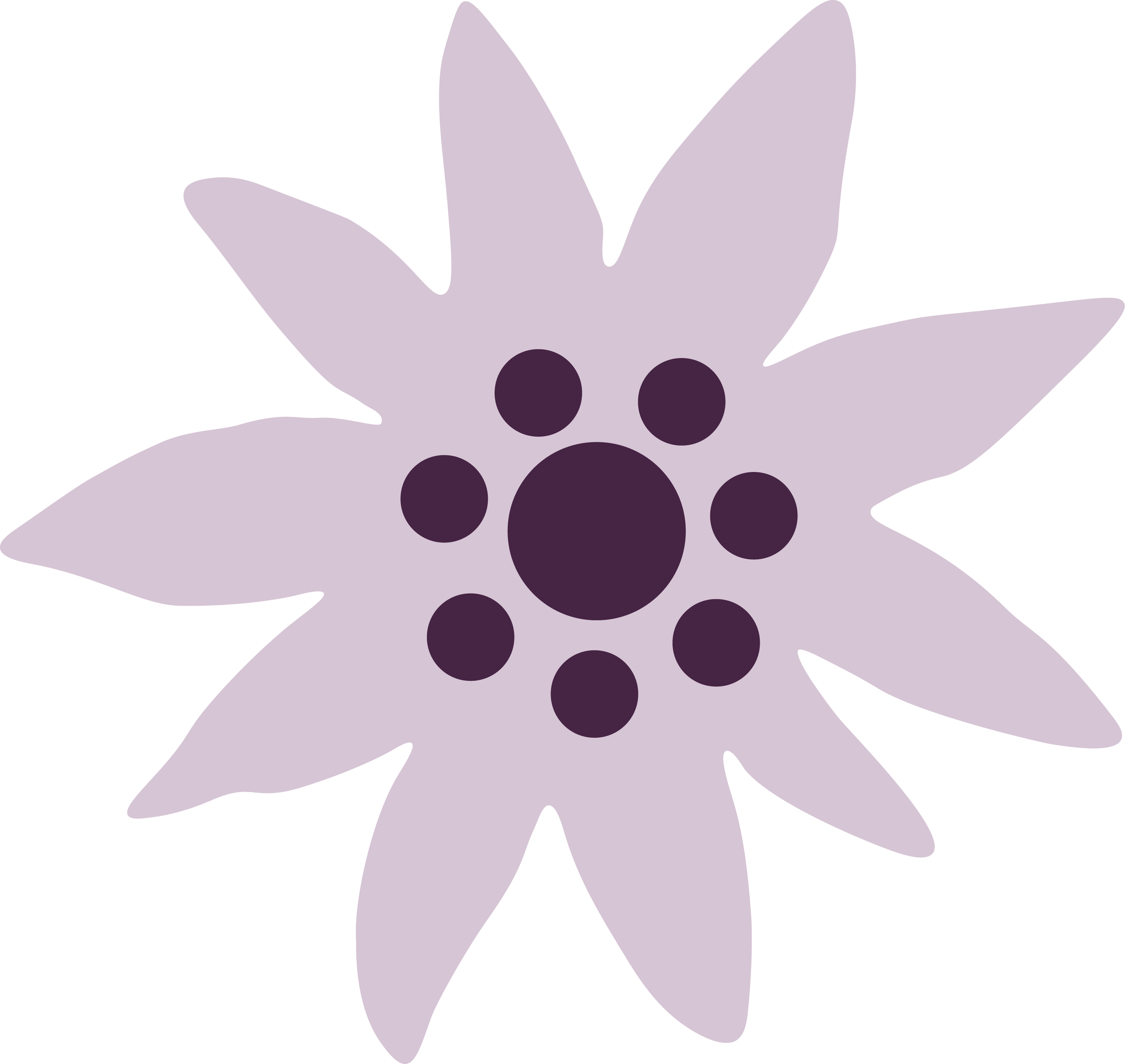 A stylized purple flower with multiple petals and dark purple round center