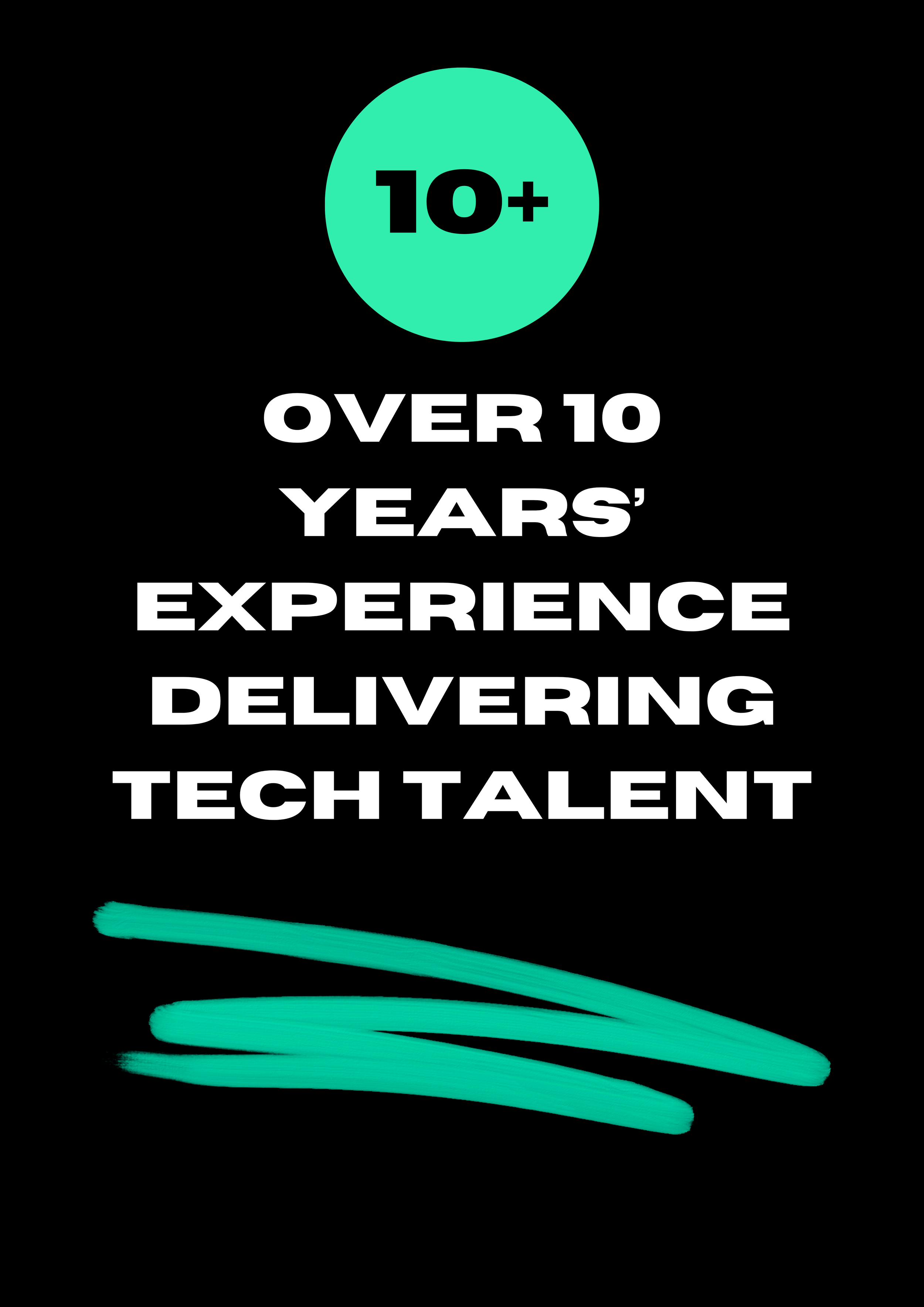 Graphic with a teal circle labeled '10+' and white text stating 'Over 10 years' experience delivering tech talent, with teal brush strokes at the bottom.