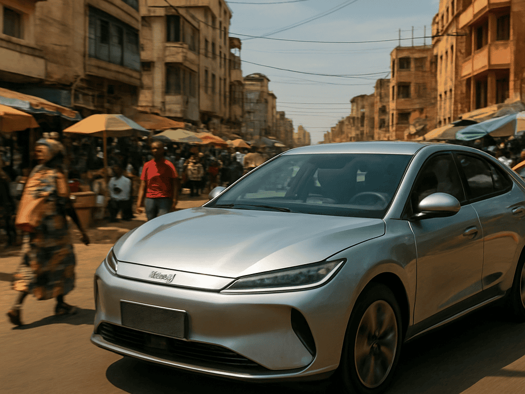 Silver electric car driving past a busy market street with old buildings and pedestrians under colorful umbrellas.