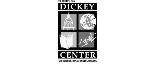 Logo for Dickey Center featuring icons of a government building, a globe, an open book, and two hands shaking.