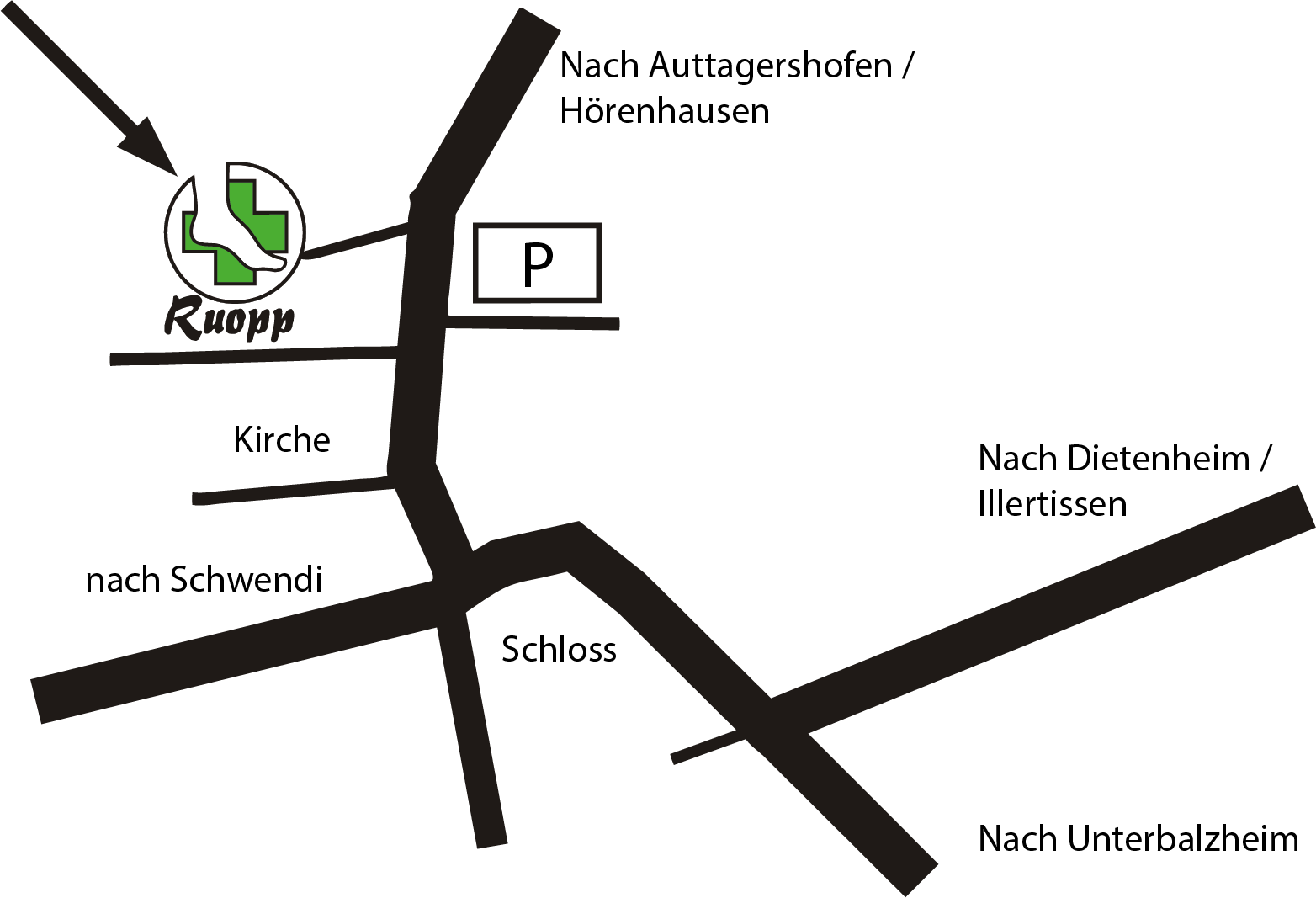 Lageplan von Ruopp Orthopädie-Schuhtechnik in Wain – Parkmöglichkeiten und Anfahrt aus den Nachbarorten