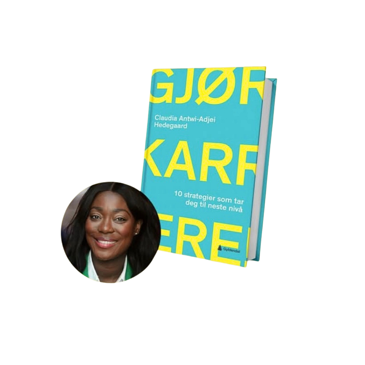 Book titled 'Gjør Karriere' by Claudia Anti-Adjej Hedegaard, with a woman smiling, wearing a green jacket.