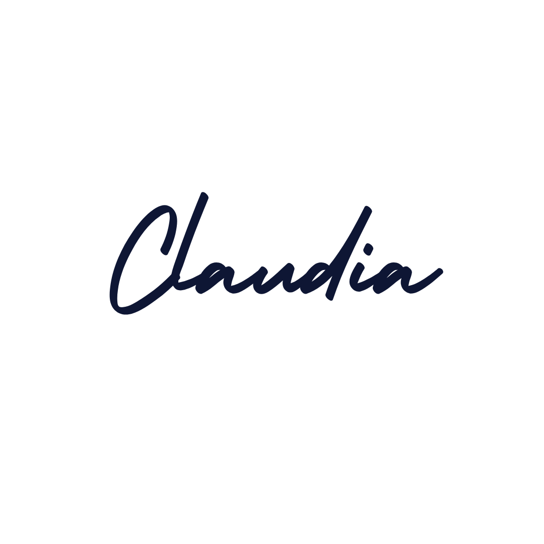 Black background with the word 'Claudia' written in elegant navy blue cursive font.