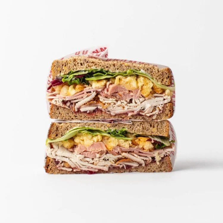 🎄 The Brownes Christmas Sandwich is BACK - stacked with turkey, ham, stuffing, cranberry &amp; gravy. Available in&ndash;store and online for delivery. 🎅✨