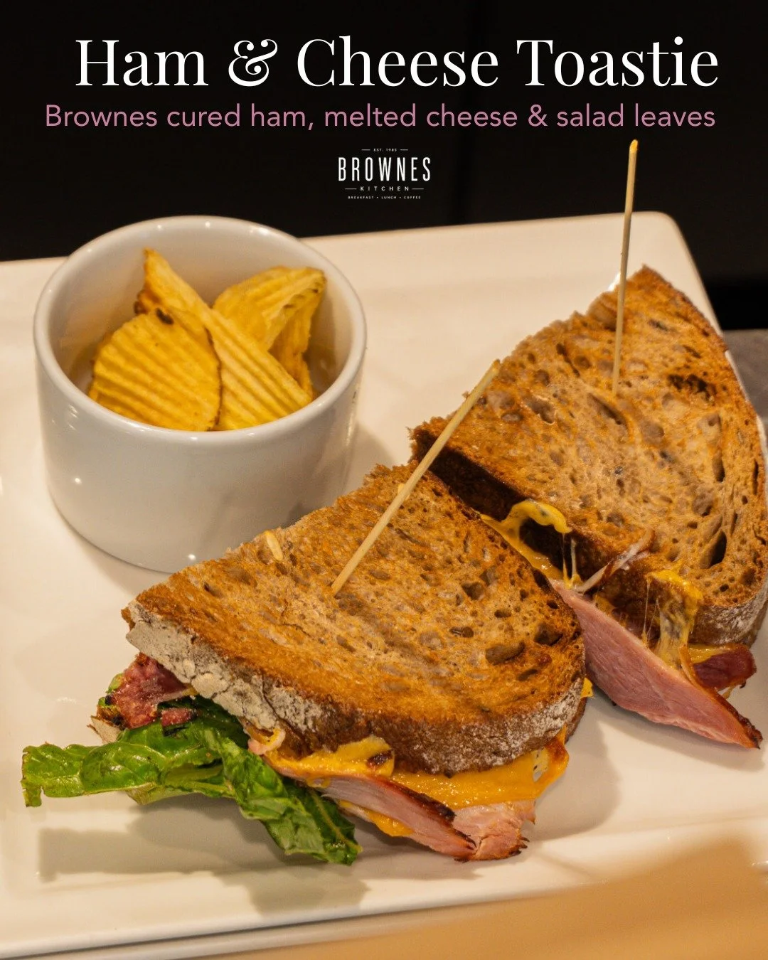 Ham &amp; Cheese Toastie. Brownes cured ham, melted cheese, salad leaves and butter on toasted white &mdash; a proper counter classic. Order now 📲

#BrownesKitchen #Sandymount #Dublin #DublinFood #IrishFood