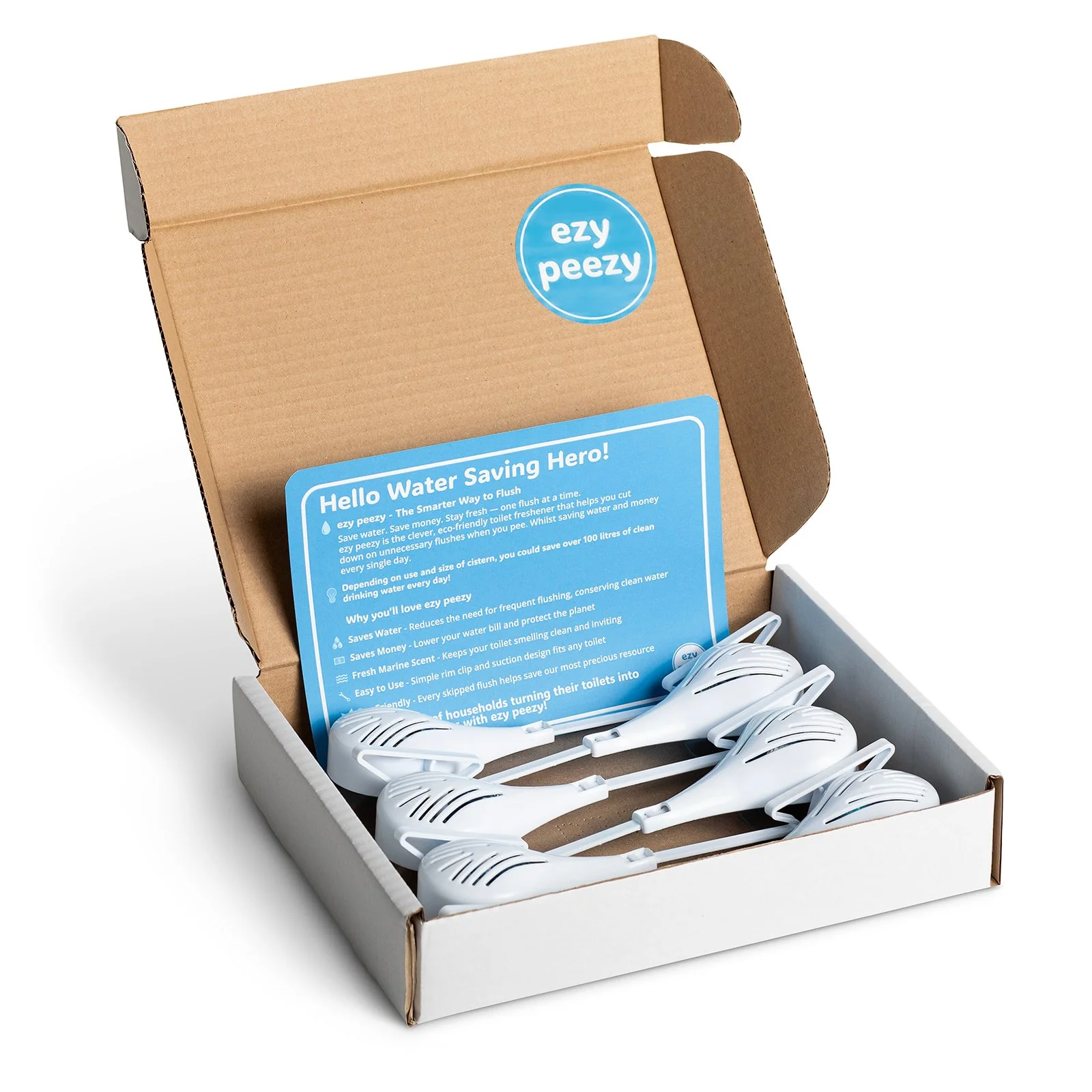 Open cardboard box containing multiple water saving tools with adjustable rim clip and a blue informational card with product details.